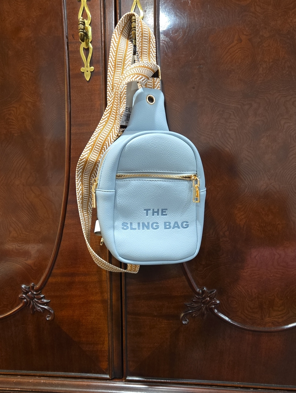 Light Blue Men's Sling Bag with Gold Hardware